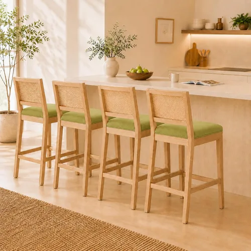 Vista 18 de Juego de 2 taburetes de bar de altura de mostrador, sillas de isla de cocina con respaldo de caña beige, taburetes de bar de ratán con respaldo