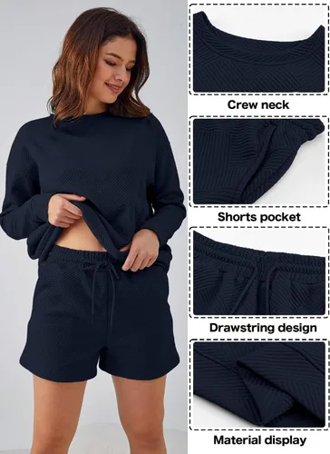 Vista 4 de FUPHINE Conjunto de 2 piezas para mujer, sudadera de manga larga con botones y pantalones cortos con bolsillos