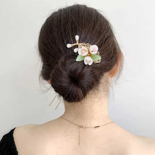 Vista 3 de inSowni 5 piezas vintage retro tradicional asiático chino Hanfu perla verde jade flor de pelo peines laterales diapositivas de metal horquillas