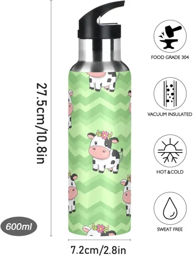 Vista 9 de Stainless Steel Vacuum Insulated Water Bottle 20 Oz, Leakproof Water Bottles for Gym Outdoor Travel School, Cute Cartoon Cows Green