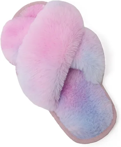 Vista 16 de LightFun Pantuflas peludas y peludas para niña, chancletas de piel con punta abierta, sandalias de banda cruzada para niñas, hogar, interior y Beige
