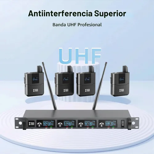 Vista 2 de XTUGA Sistema de micrófono inalámbrico A140, juego de micrófono inalámbrico UHF de 4 canales con cuatro micrófonos BodyPack, construcción totalmente