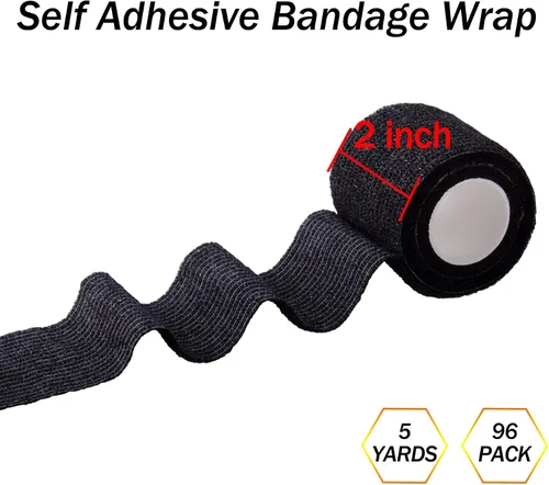 Vista 2 de BQTQ 96 rollos de cinta autoadhesiva de 2 pulgadas, color negro, autoadhesiva, vendaje atlético, vendajes elásticos para esguinces de hinchazón