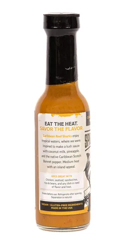 Vista 2 de The Spicy Shark Caribbean Reef Shark Scotch Bonnet Pepper Island Hot Sauce Botella de 5 onzas – Marca presentada en Hot Ones