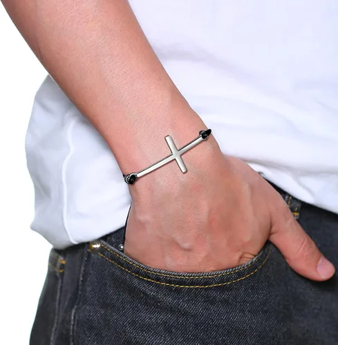 Vista 3 de Hipunk Pulsera de cuero para hombre – Pulsera trenzada de acero inoxidable negro con dije ajustable de protección multicapa para mujer, Cuero, Sin
