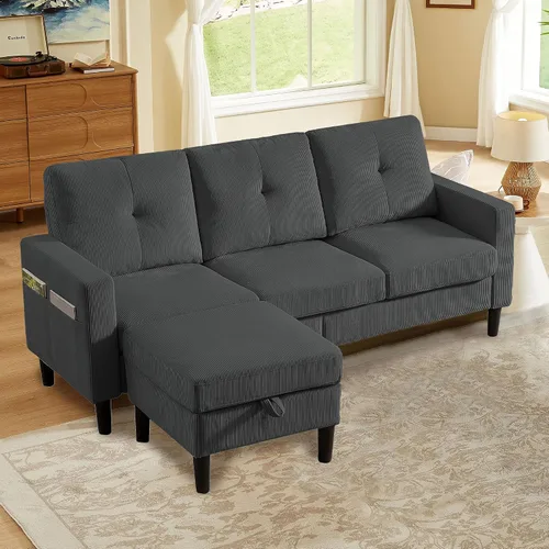 Vista 11 de Sofá modular convertible de 79 pulgadas, sofá pequeño en forma de L de 3 asientos con diván de almacenamiento y bolsillo lateral, sofá reversible