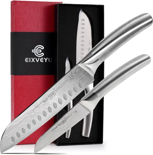 Vista 11 de SHI BA ZI ZUO Juego de cuchillos de cocina de 2 piezas, cuchillo Santoku y cuchillo de pelar, cuchillo de chef japonés con revestimiento de Ti
