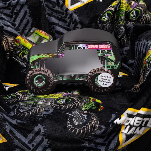 Vista 2 de Manta Monster Jam con caja de regalo – La manta mide 46 x 60 pulgadas – Edición especial súper suave. Negro - Monster Jam