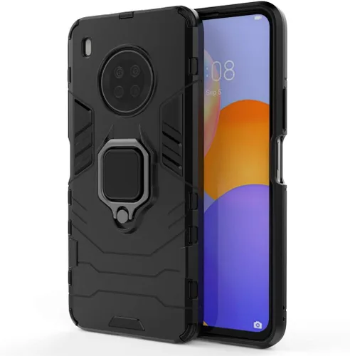 Vista 5 de Funda de teléfono celular para Huawei Y9a, doble capa de metal anillo agarre Kickstand parachoques duro a prueba de golpes (negro)