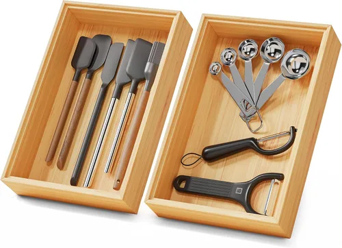 Vista 14 de Pequeñas cajas organizadoras de cajones de cocina de bambú bandeja