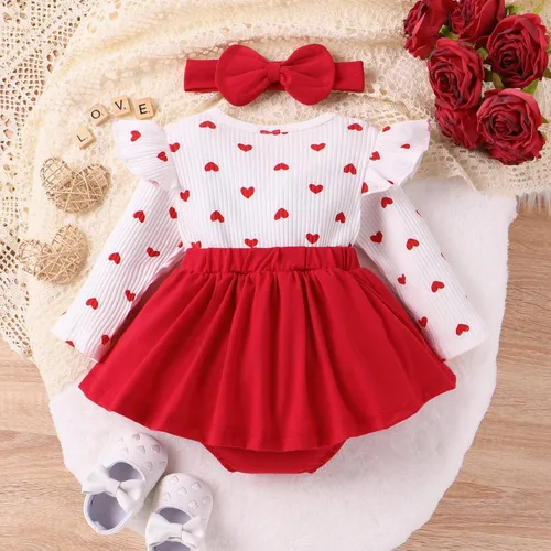 Vista 2 de VISGOGO Mameluco para el día de San Valentín para niña pequeña, con volantes, manga larga, estampado de corazón, con diadema