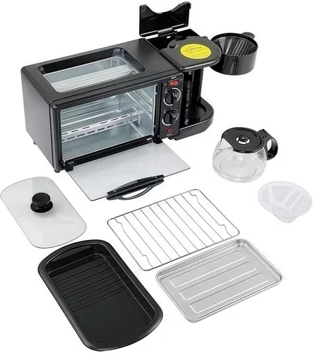 Vista 9 de Máquina de desayuno casera multifuncional 3 en 1, mini horno, cafetera (negro)