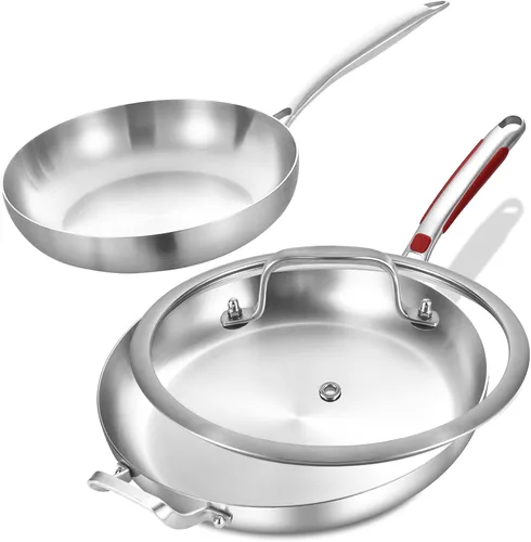 Vista 9 de Inqibee Sartén de acero inoxidable de 13 pulgadas, tricapa, con tapa y mango auxiliar, sartén, sartén de cocina de inducción, mango desmontable