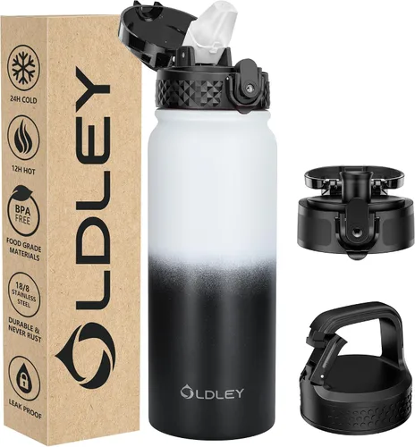 Vista 49 de Botella de agua aislada Oldley de 12 oz con pajita, botella de agua de acero inoxidable con 2 tapas, botellas de doble pared con vacío para adultos