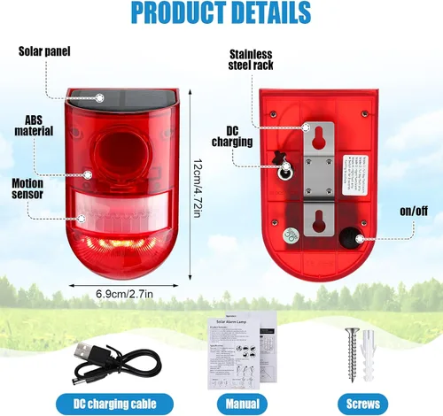 Vista 2 de Qualirey Alarma solar de sonido y luz, sensor de movimiento, sirena de seguridad para exteriores, 129 db, detector activado impermeable, alarma