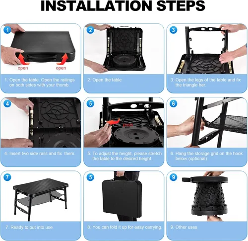 Vista 4 de KPR Juego de mesa plegable y taburete retráctil, mesa plegable portátil para camping, ligera pero más resistente, con taburete ajustable para picnic