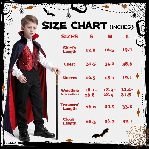 Vista 4 de KukuFun Vampire Costume Set for Kids Boys, Halloween Party Vampire Cosplay Outfit with Cape, Shirt, Pants & Scepter, Kids Vampire Costumes Size for
