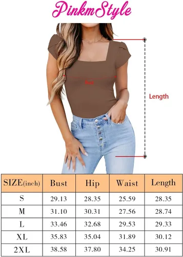 Vista 7 de PINKMSTYLE Body de manga corta con cuello cuadrado para mujer, camiseta básica casual de verano