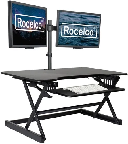 Vista 46 de Rocelco - Convertidor de escritorio para trabajar de pie con altura ajustable de 32 pulgadas - Estación de trabajo para computadora sentada o de pie
