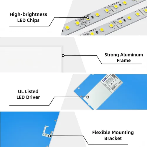 Vista 5 de Lámpara de techo LED de panel plano de 2 x 4, 7800 lúmenes, luz diurna súper brillante de 5000 K, 0-10 V regulable, certificación ETL, luz LED