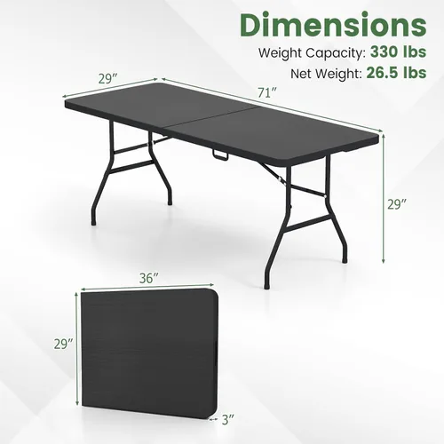 Vista 3 de GYMAX Mesa plegable de 6 pies, mesa de campamento portátil ligera con asa de transporte, fácil de plegar rectangular para interiores y exteriores