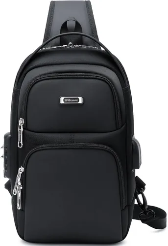 Vista 28 de DUSLANG Mochila de hombro para senderismo, bolsa cruzada para hombres, bolsas de pecho con puerto de cargador USB para campamento casual, ciclismo