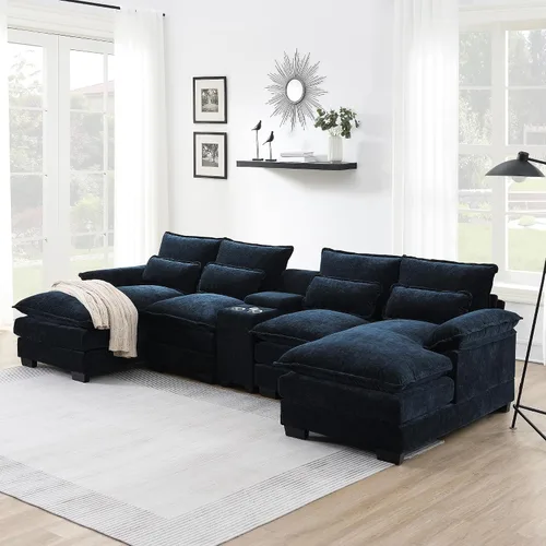 Vista 10 de Sofá seccional de gran tamaño de 142 pulgadas con 2 otomanas y consolas de almacenamiento móviles, sofá modular de felpilla en forma de U de 6