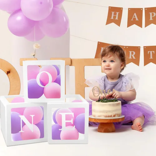Vista 5 de Decoraciones de primer cumpleaños, 3 cajas de globos para niña o niño, bloques transparentes, decoraciones de fiesta de Pascua