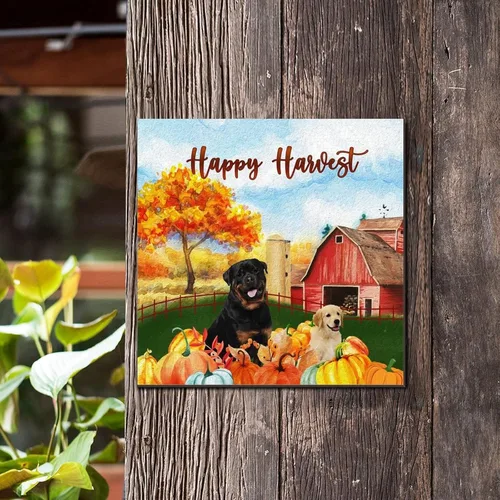 Vista 3 de Happy Harvest Labrad Doodle Dog Barn Wood Sign Fall Pumpkin Wall Plaque Pumpkin Farm Wood Panels Classic Home Wall Hanging Sign Decoration for Front
