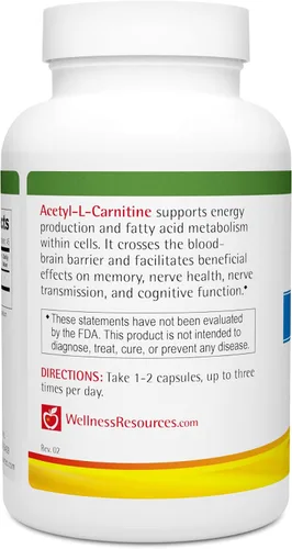 Vista 3 de Wellness Resources Acetil-L-carnitina (ALC) para memoria, nervios (500 mg, 90 cápsulas)