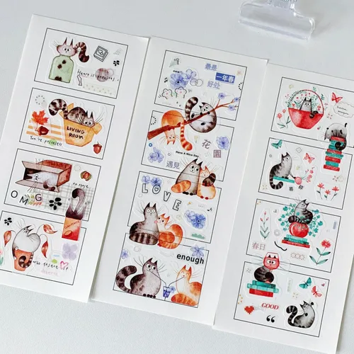 Vista 7 de WT Chonky Cat Washi - Juego de calcomanías de cinta Washi, 4 rollos, diseños originales, calcomanía decorativa de acuarela de lindo gato, calcomanía