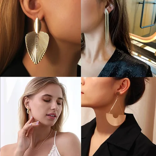Vista 5 de 13 pares de aretes geométricos de oro y plata exagerados, aretes punk, elegantes aretes trenzados sectorios, joyería para mujeres y niñas