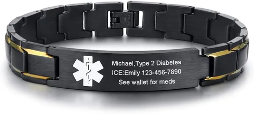Vista 19 de VNOX Pulsera ajustable de acero inoxidable cepillado de 2 tonos con grabado personalizado gratis, identificación de alerta médica, unisex