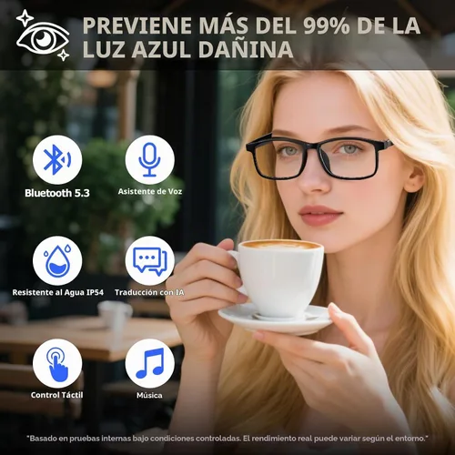 Vista 3 de Traducción de lentes inteligentes con Bluetooth AI para hombres y mujeres, auriculares transparentes con altavoz, peso ligero, control táctil