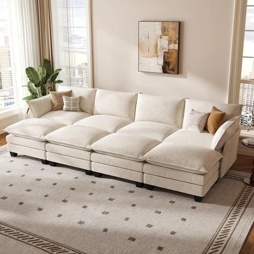 Vista 9 de KKL Sofá Cama Seccional Modular, Sofá Cama Convertible Seccional en Forma de L de 4 Plazas con Otomana, Sofá Nube de Chenilla Seccional para Sala