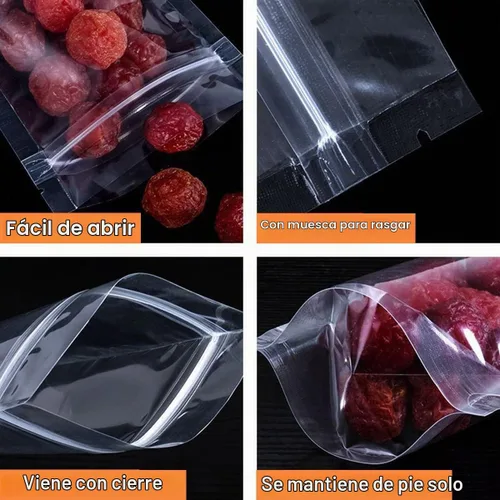 Vista 3 de Paquete de 100 bolsas transparentes de pie con cremallera, bolsa de embalaje de alimentos de frutas secas, bolsa de sellado transparente a prueba