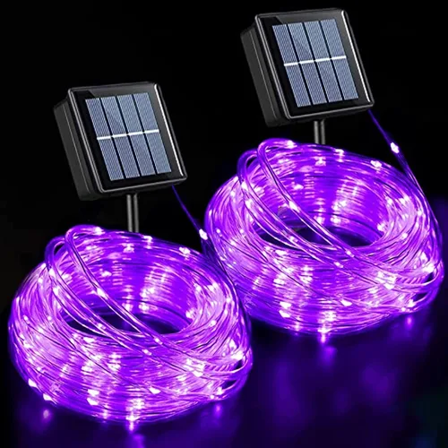 Vista 12 de QITONG Paquete de 2 luces solares verdes, cada cadena de 100 luces LED de 33 pies para exteriores, 8 modos de luces de hadas en tubo de PVC