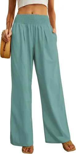 Vista 3 de PrinStory Pantalones palazzo de lino y algodón para mujer, de cintura alta, pierna ancha, pantalones largos con bolsillo