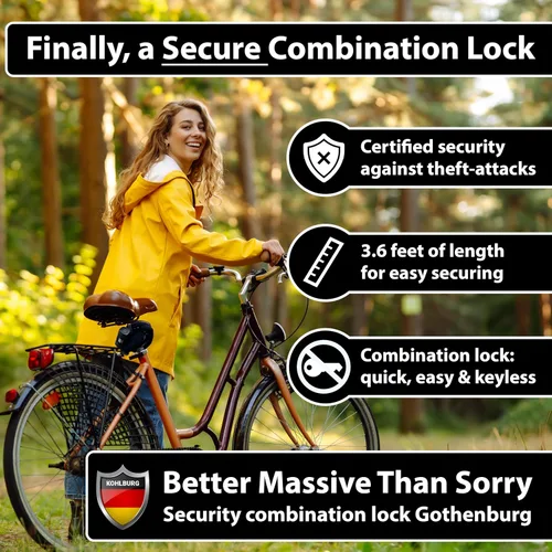 Vista 7 de KOHLBURG - Candado combinado resistente para bicicleta [vendido oro seguro] 43 pulgadas de largo Maximum Security – Anti Theft Bike Chain Lock