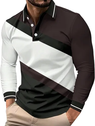 Vista 12 de Camisa polo para hombre, manga larga, cuello abotonado, bloque de color, moda para trabajo y golf