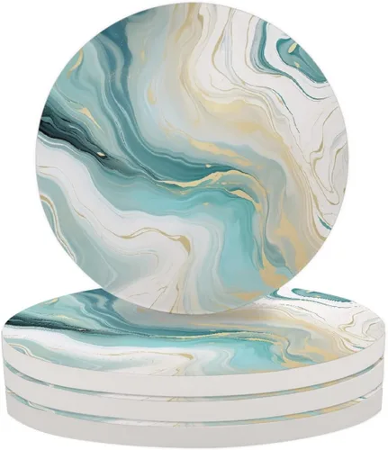 Vista 17 de Abstract Green and Gold Marble Ceramic Coaster Set of 4