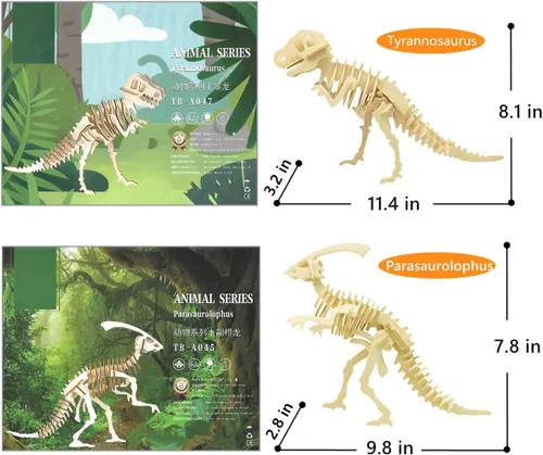 Vista 2 de Rompecabezas de dinosaurio de madera 3D, juego de 6 piezas de rompecabezas de esqueleto de dinosaurio de madera, rompecabezas 3D de manualidades