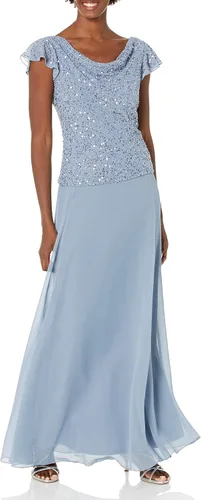 Vista 14 de J Kara Vestido largo de manga con volantes y cuello redondo y cuentas para mujer Champán Multi