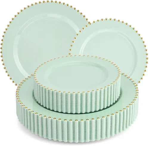 Vista 12 de ejonirinjonir EI 60 platos de plástico beige con borde dorado, platos desechables marfil, plato de plástico de lujo resistente, cena de 10 pulgadas