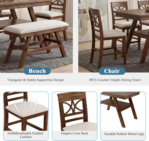 Vista 202 de Juego de mesa de comedor vintage de 6 piezas, juego de mesa de comedor de cocina de madera maciza con 4 sillas ergonómicas acolchadas y banco, mesa