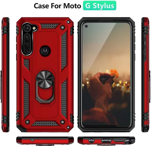 Vista 4 de TJS Funda compatible con Motorola Moto G Stylus 2020, resistente a los impactos, anillo de metal, soporte magnético, funda protectora (negro)