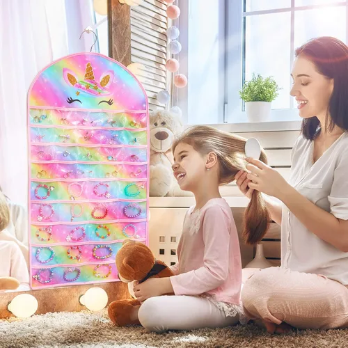 Vista 2 de FIOBEE Organizador de joyas colgante para niñas, soporte de almacenamiento de joyas de unicornio con colgador para niños, aretes, collar, pulsera