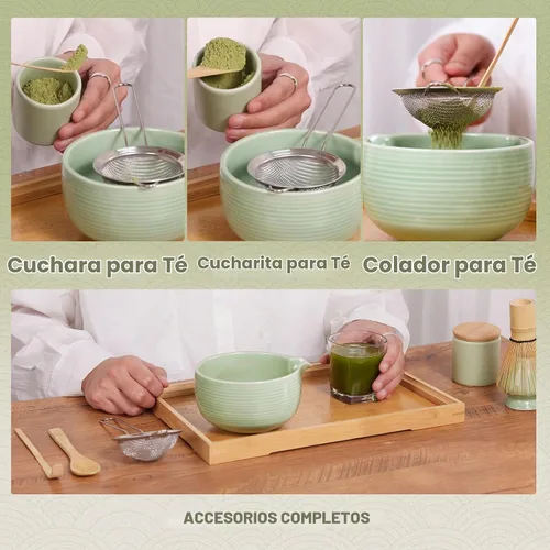 Vista 5 de Pink Ceramic Matcha Set, 6 Pcs - Bowl, Whisk (Chasen), Holder, Sifter, Bamboo Scoop & Spoon Rosa