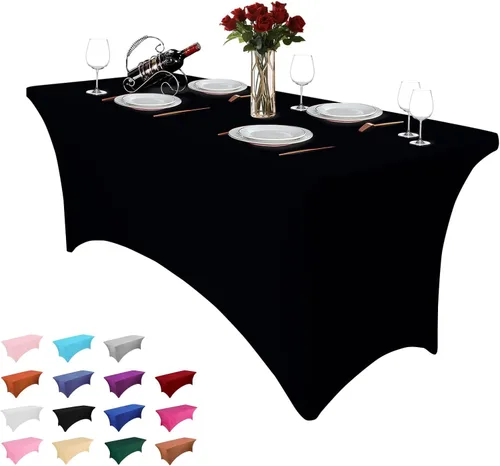 Vista 23 de Paquete de 2 manteles rectangulares de 4 pies para manteles rectangulares color gris azulado, elásticos, manteles de elastano para eventos