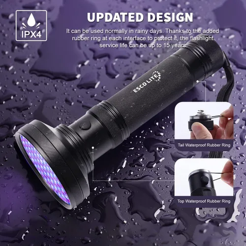 Vista 5 de ESCO LITE Linterna UV de luz negra, 100 luces LED negras para detección de orina de mascotas, linternas ultravioleta para orina de perro